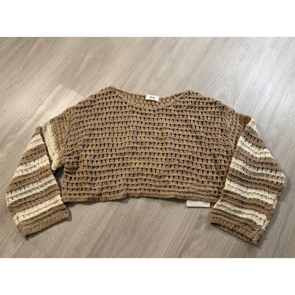 iKnit Women Tan Crochet Knit Cropped Sweater Striped Sleeve Boho Top 3869 NEW - Picture 2 of 9